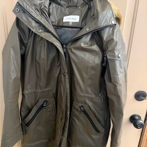 Calvin Klein Olive Green Hooded Utility Parka with Faux Fur Trim